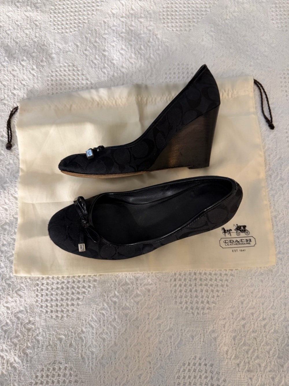 Coach Black Signature Jacquard Wedge Heels